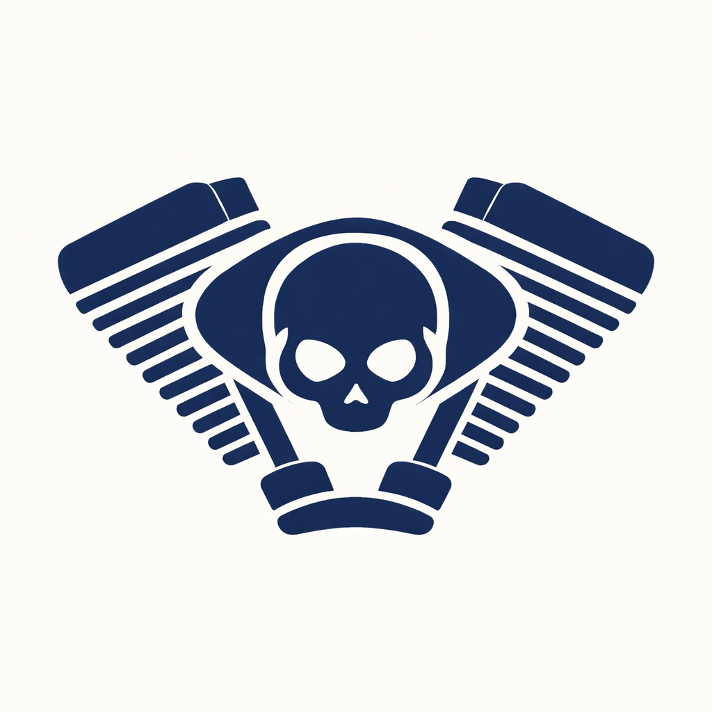 Strengthening The set logo: a skull inbetween two pistons in blue on a white background