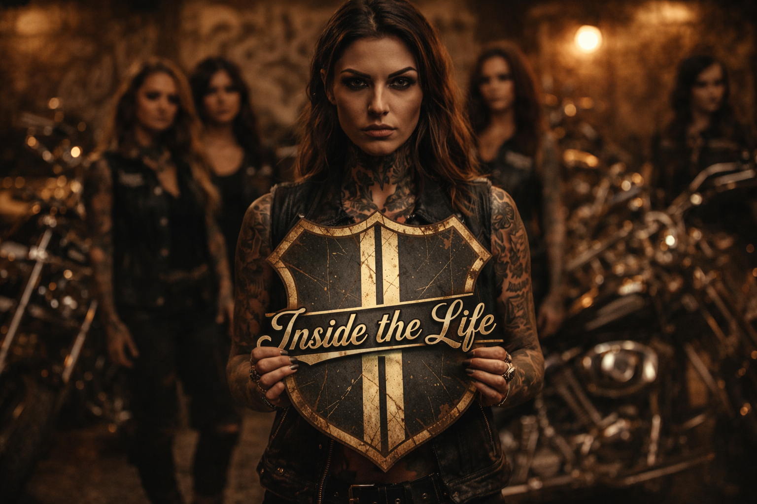Ai generated image of girl holding the logo to inside the life a shield in black and gold surrounded by biker girls