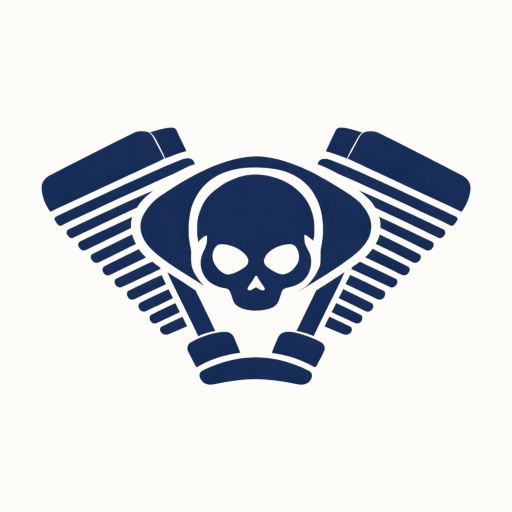 Strengthening The set logo: a skull inbetween two pistons in blue on a white background
