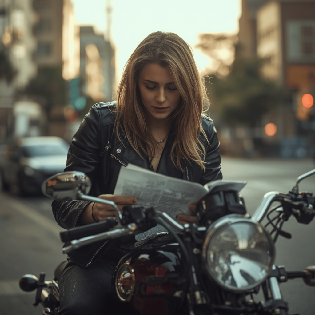 Girl in leather jacket sat reading newspaper on a parked motorcycle. For Strengthening The Set