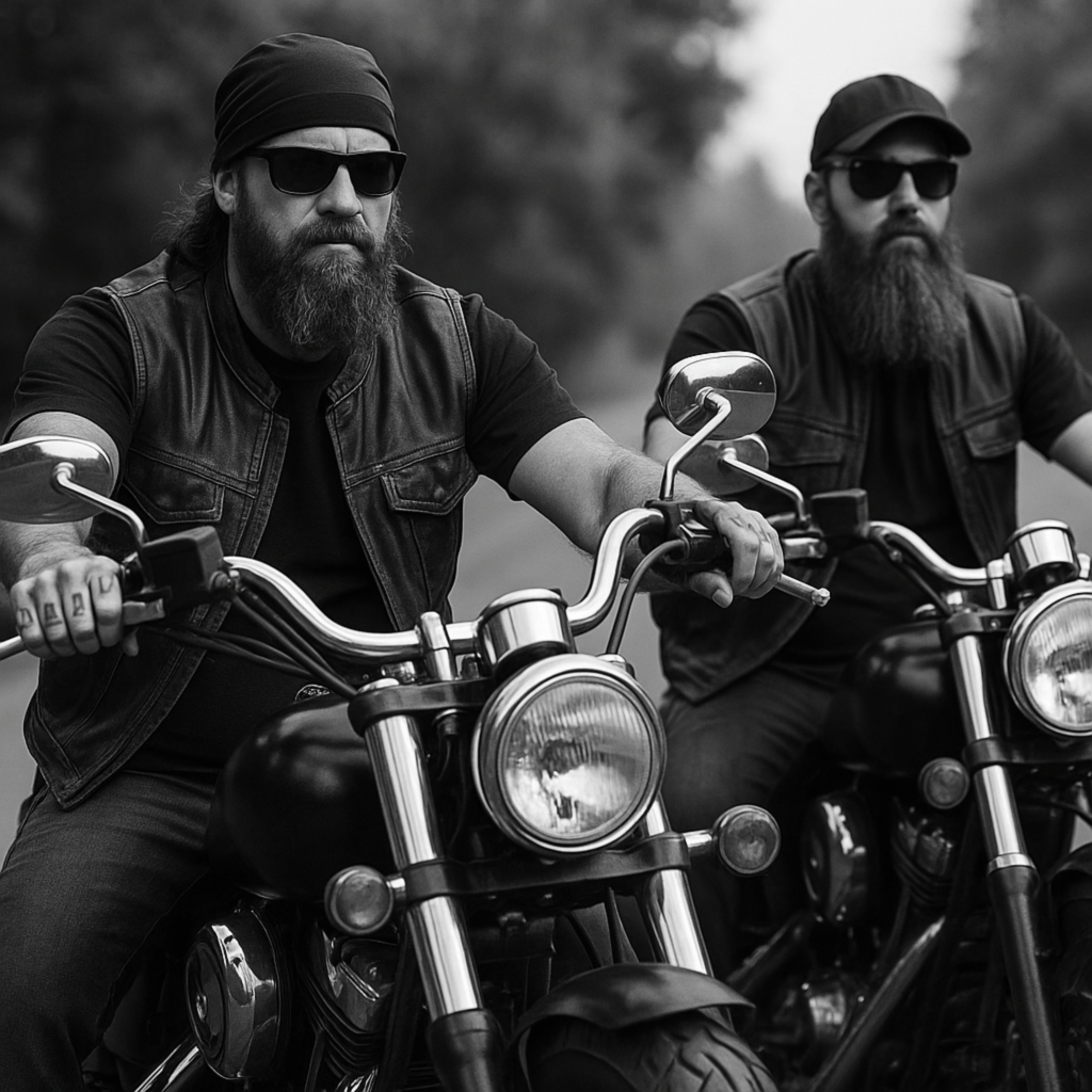 Two bearded men on motorcycles parked with glasses, baseball caps and vests for Strengthening The Set