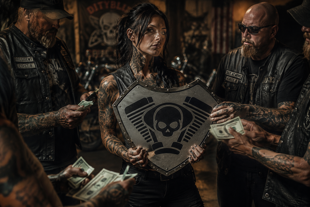 image of women holding our logo with bikers handing her cash for our support the archive page