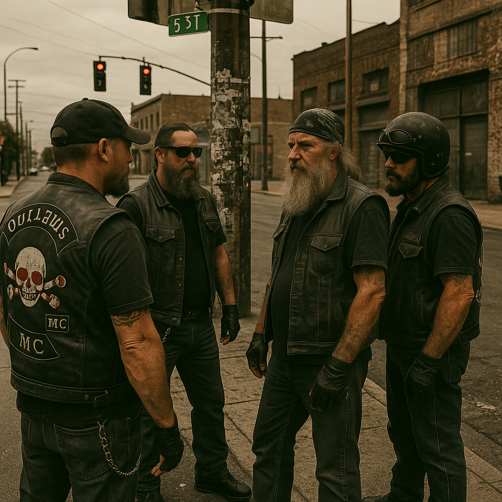 goup of oulaw bikers on the street talking for Motorcycle Club (MC): Definition, Structure, and Organisational Framework