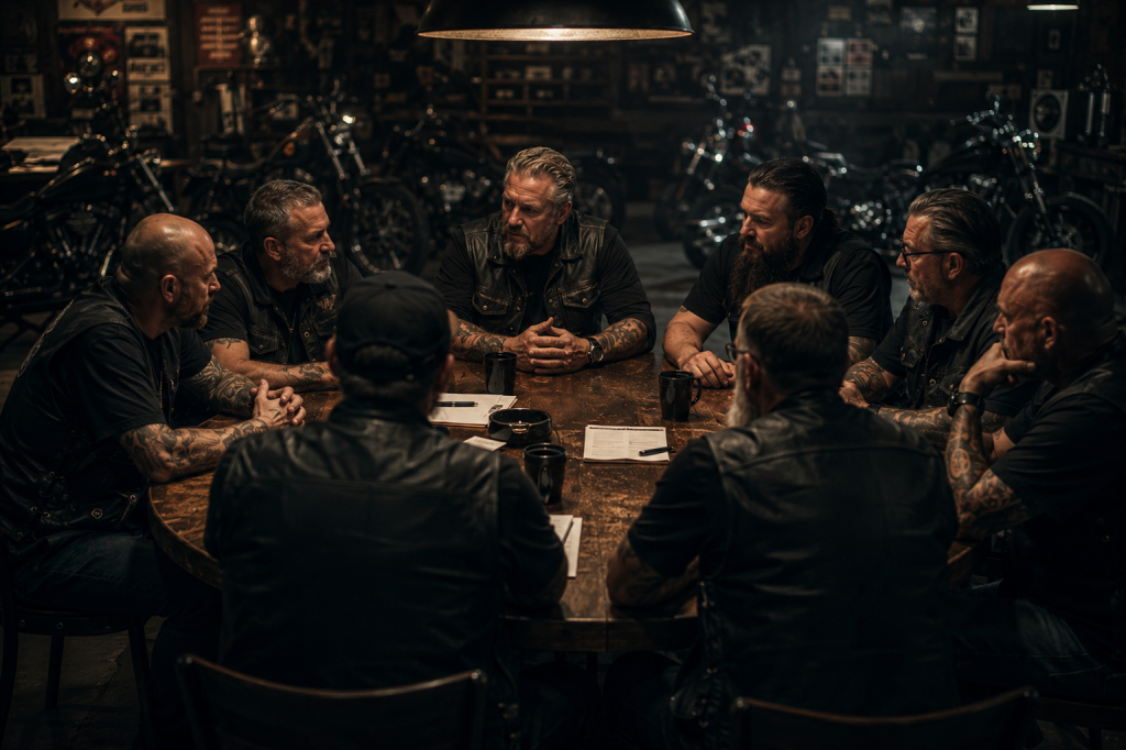 a motorcycle club sitting around a table dark, gritty aesthetic, ai generated for motorcycle club structure article